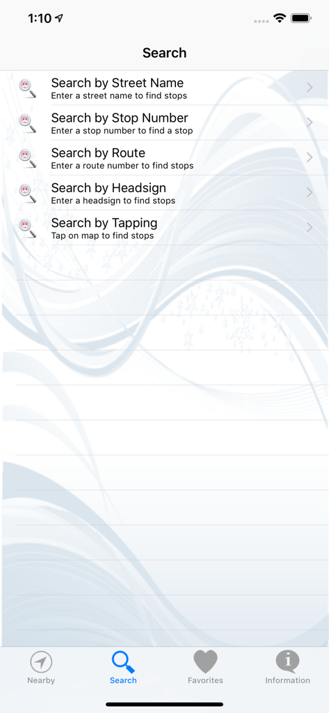Search interface of the DaBus2 Oahu bus app with options to search by street name, stop number, route, headsign, or map.