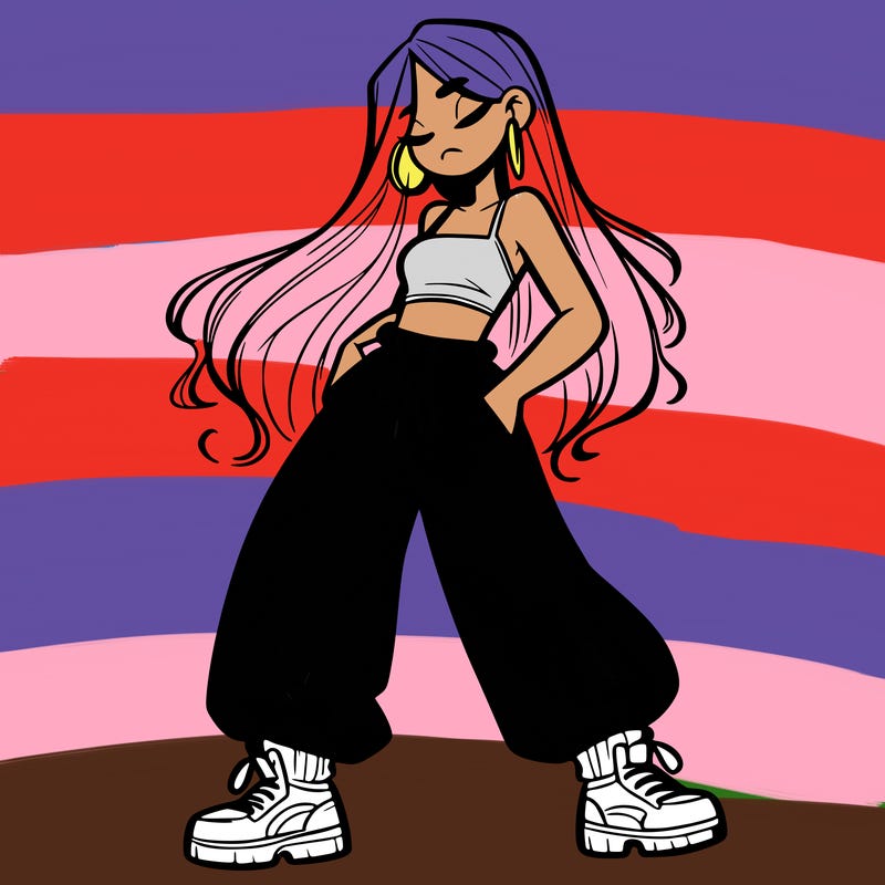 girl in baggy pants crop top and long hair