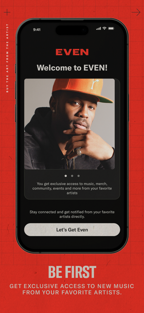 Écran d'accueil de l'application musicale EVEN présentant un portrait d'artiste et des informations sur l'accès exclusif à la musique et au merchandising