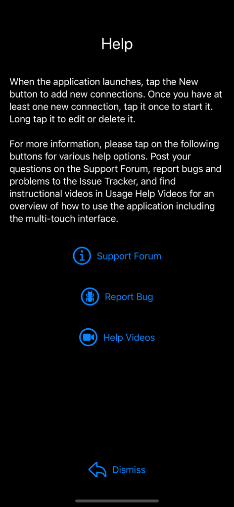 bVNC Pro - VNC Screen Sharing - The help screen of the bVNC Pro app showing links to the support forum, bug reports, and tutorial videos.