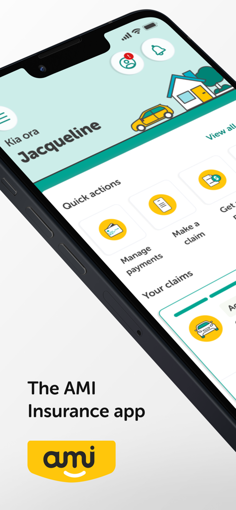 AMI - Pantalla móvil mostrando el panel de la app AMI Insurance con botones de acción rápida para pagos y siniestros