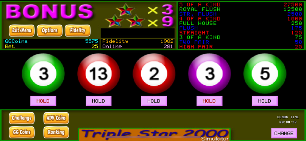 Casino Gallina - Gameplay du simulateur rétro Triple Star 2000 dans Casino Gallina montrant des boules numérotées et une table de gains