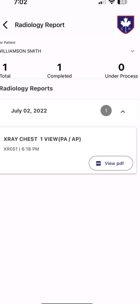 Tela de relatório de radiologia digital para um raio-x de tórax no aplicativo Canadian Specialist Hospital