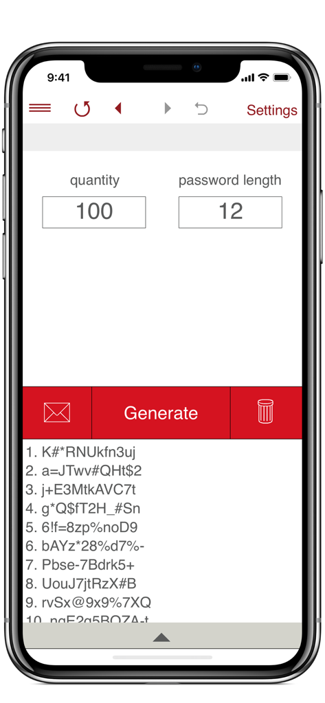 Interfaz de aplicación móvil que muestra la función de generador de contraseñas con opciones de cantidad y longitud.