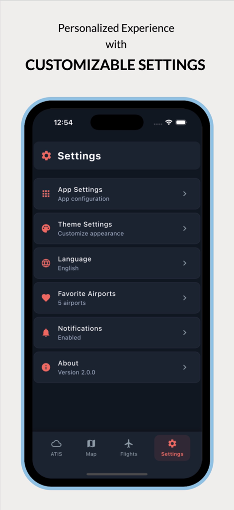 Customizable settings menu in the ATISVIEW aviation app