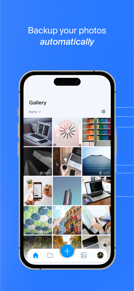 Infomaniak kDrive - App mobile Infomaniak kDrive che mostra la funzione di backup automatico delle foto e la visualizzazione della galleria su un iPhone