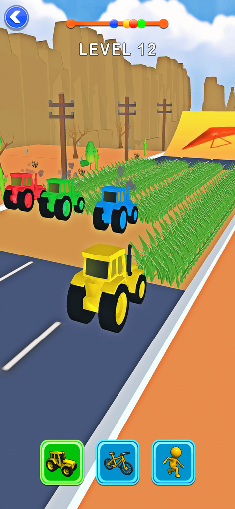 Shape Shifter: Games Car Shift - Gameplay screenshot of tractors racing in the Shape Shifter mobile game