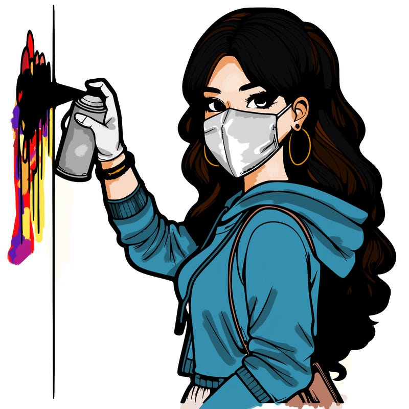 realistic girl with mask spray painting a wall