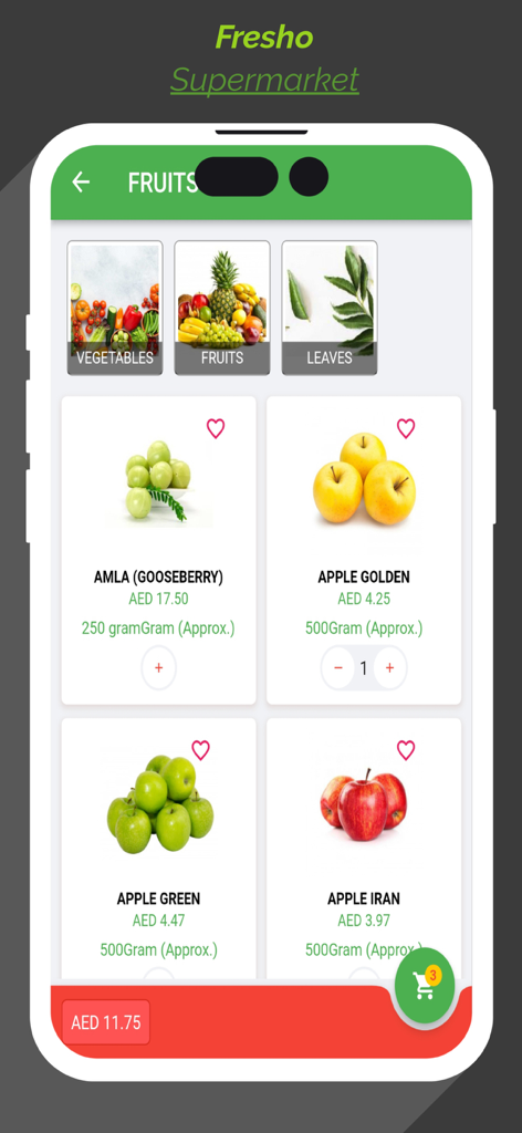 Fresho Supermarket - Freshoスーパーマーケットアプリのインターフェースにオンライン食料品ショッピング用の果物のセレクションが表示されています。