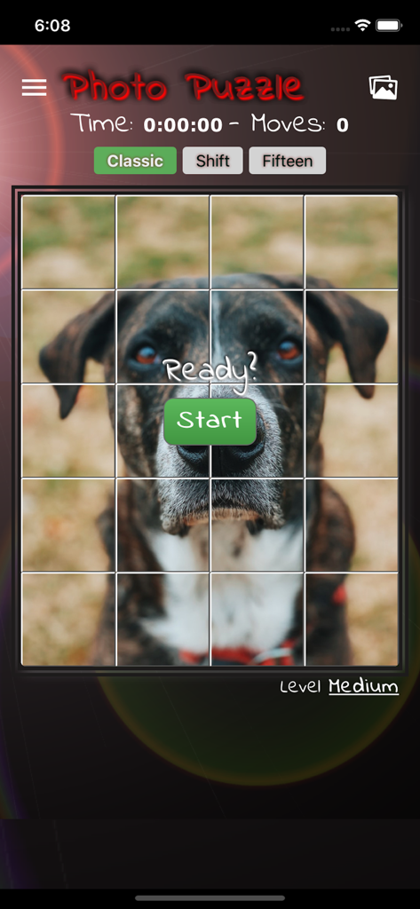 PhotoPuzzle with your photos - Interface of the PhotoPuzzle mobile app showing a dog photo divided into a medium level grid puzzle.