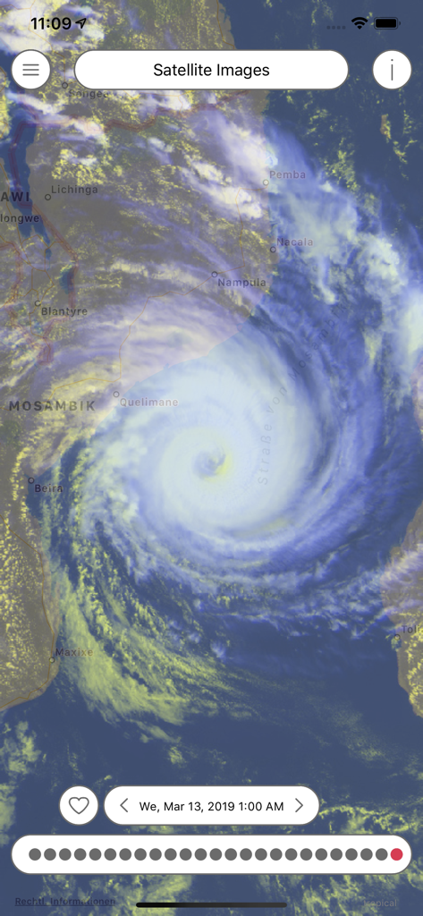Satellite view of a tropical cyclone over a geographic map in the Pflotsh Tropical app