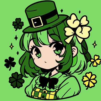 a manga-style girl with clovers around her, a little hat in her hair, like it's saint patrick's day