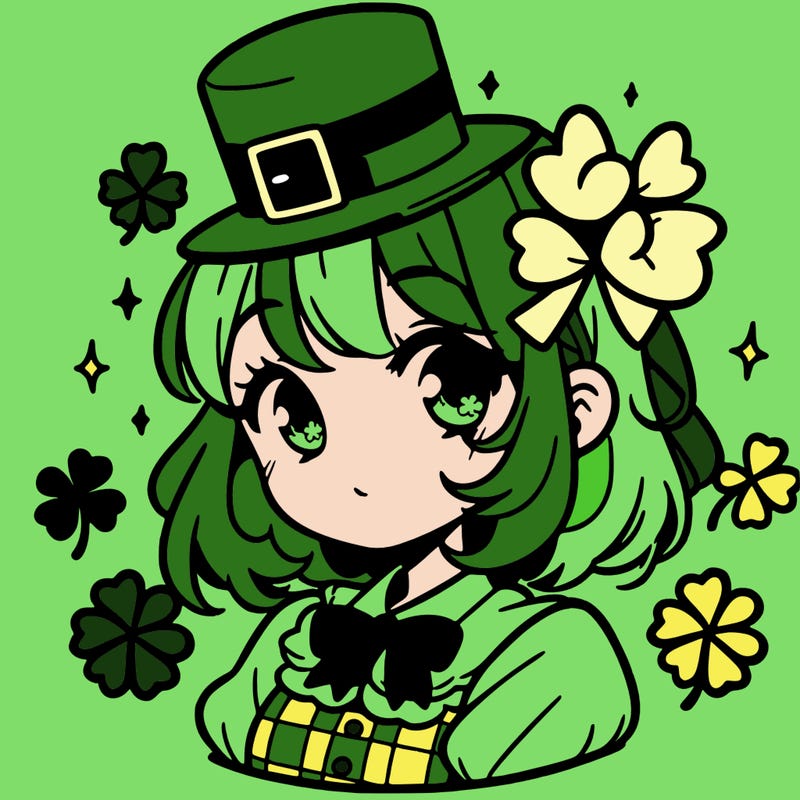 a manga-style girl with clovers around her, a little hat in her hair, like it's saint patrick's day