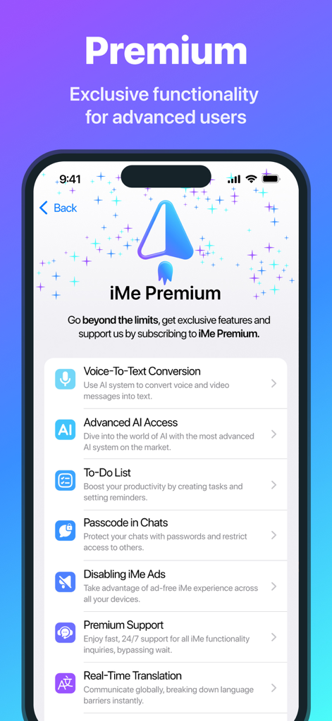 iMe: AI Messenger for Telegram - iMe Premium features list including advanced AI access voice to text conversion and real time translation