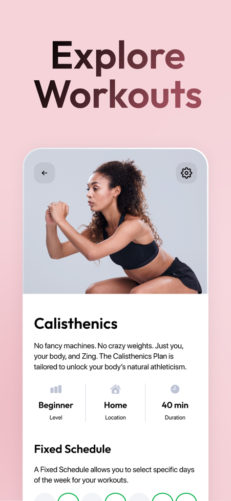 Zing AI: Home & Gym Workouts - Zing AI app interface displaying details for a beginner calisthenics workout plan