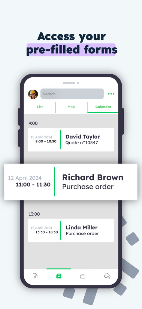 Kizeo Forms, Mobile forms - Aplicación móvil Kizeo Forms que muestra un calendario con formularios prellenados para técnicos de campo