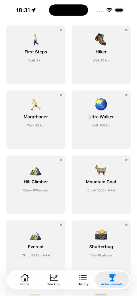 Achievements dashboard in the Altitude Camera app displaying hiking distance and climbing elevation milestones.