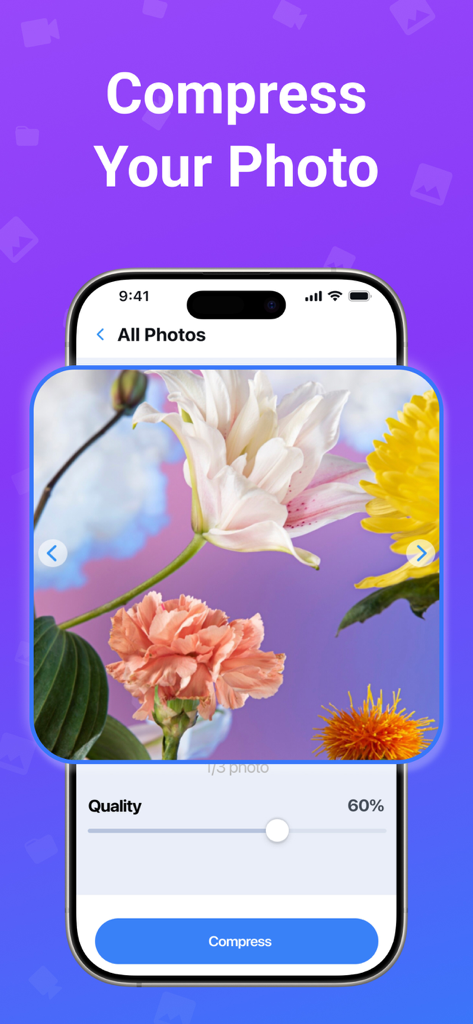 Storage Cleaner - Boost Mobile - IPhone screen displaying the photo compression tool with a quality slider and a compress button