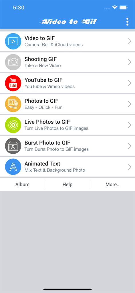 YouTube를 GIF로, 라이브 포토를 GIF로와 같은 다양한 변환 도구를 보여주는 동영상을 GIF로 앱의 메인 메뉴 인터페이스