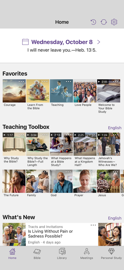 Home screen of JW Library app showing daily scripture and Bible study tools