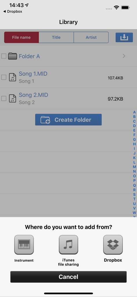 MusicSoft Manager - MusicSoft Manager app library screen showing file organization and import options from Dropbox or instrument.