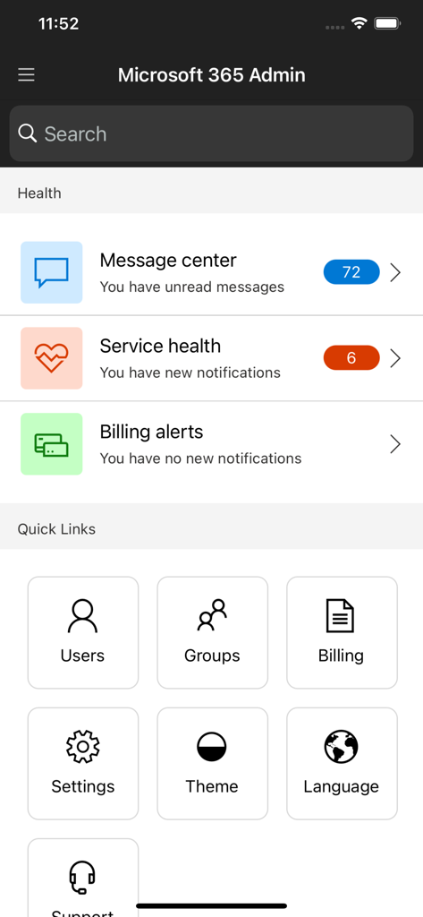 Microsoft 365 Admin - Microsoft 365 Admin home screen showing service health notifications and quick links for user and group management