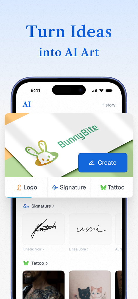 True Cleaner - Cleanup Storage - Écran de l'application True Cleaner montrant des outils de création IA pour des logos, des signatures et des tatouages