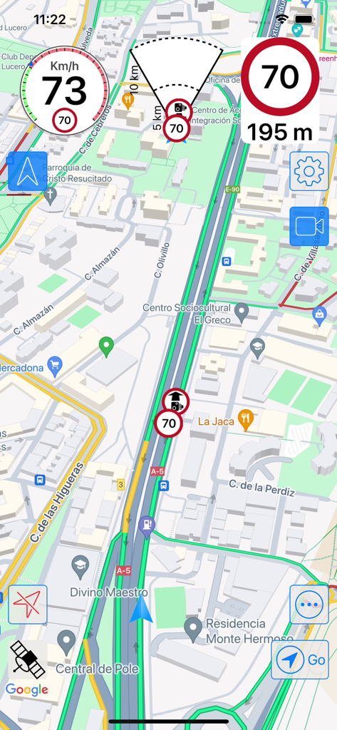RadarAll Speed Camera Detector - Interface do detector de radares RadarAll mostrando mapa de trânsito em tempo real e alertas de velocidade