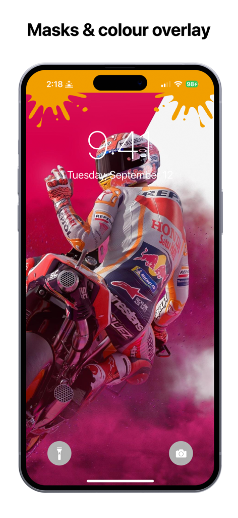 Moto GP Wallpapers 4K HQ Notch - MotoGP rider on an iPhone lock screen with a pink color mask and overlay