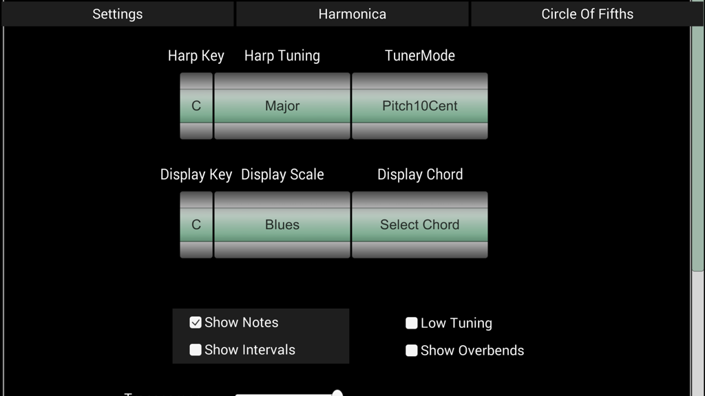 HarpNinja Diatonic Harmonica - Settings screen of the HarpNinja app for selecting harmonica key and tuning