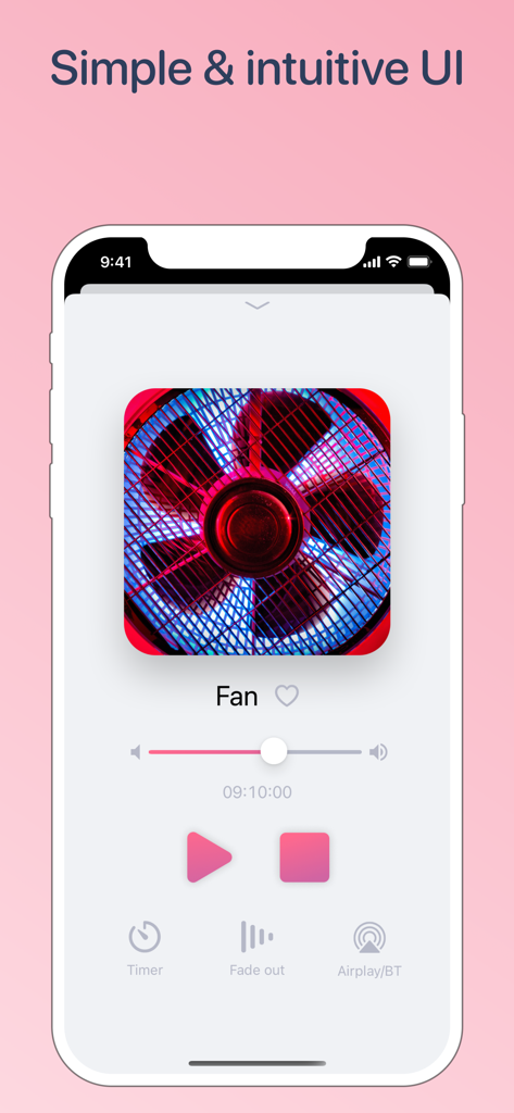 White noise generator, pink - Smartphone screen showing the simple and intuitive user interface of a white noise app playing a fan sound with playback and timer controls