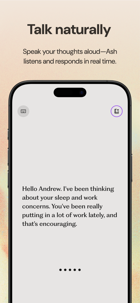 Ash AI app interface showing real-time voice interaction and personalized emotional support messages