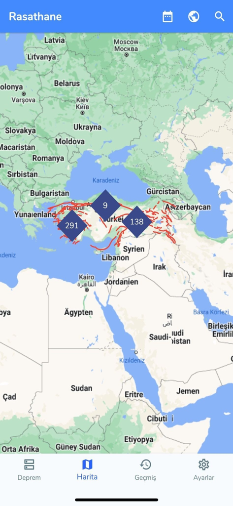 Rasathane - Map view of the Rasathane app showing seismic activity and fault lines across Turkey and surrounding regions