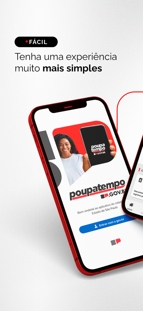 Un iPhone affichant l'écran d'accueil de l'application Poupatempo SP.GOV.BR avec un bouton de connexion et une interface conviviale.