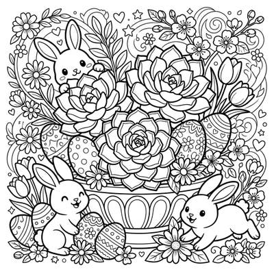 Dive into the whimsical world of spring with this delightful Easter coloring page, where cute bunnies frolic among lush Echeveria succulents and decorative eggs. This intricate design promises hours of creative fun for all ages.