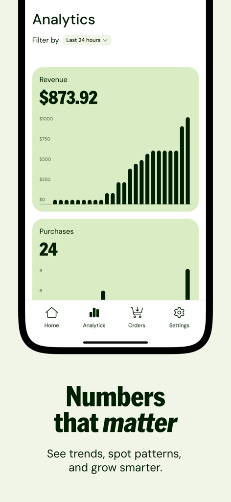 Painel de análise do aplicativo móvel Sellfy exibindo tendências de receita e compras para criadores