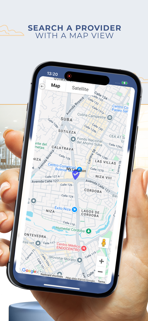 Smartphone screen displaying a map for searching medical providers in the VUMI Travel VIP app