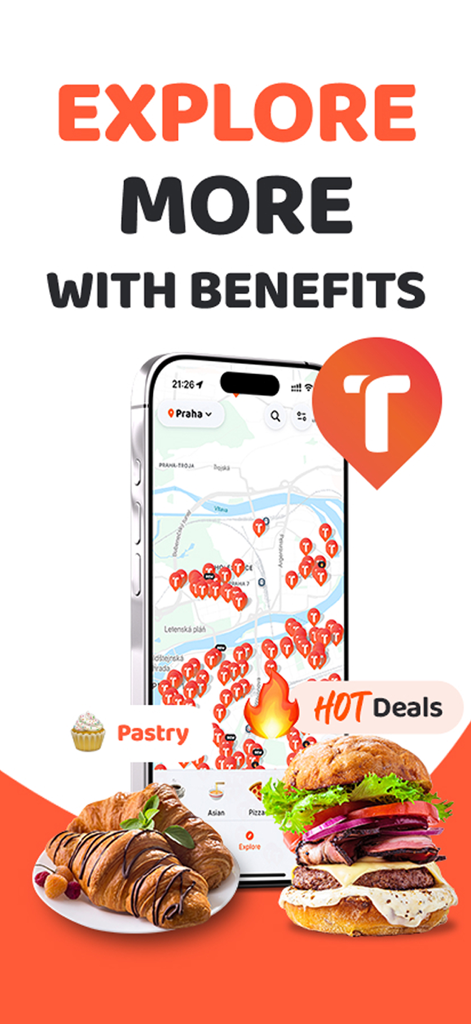 TasteTown app screen showing a map of local restaurant deals with images of a burger and croissants