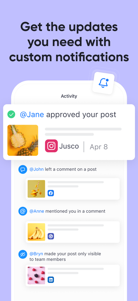 Planable: social media planner - ソーシャルメディアプラットフォーム全体での投稿承認とコメントに関するチームコラボレーション通知を示すアクティビティ画面