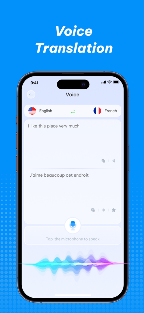Pantalla de traducción de voz de AI Translator Pro que muestra la traducción de inglés a francés