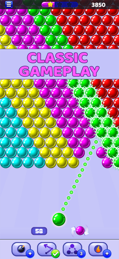 Bubble Shooter: Pop & Blast - Klassisches Bubble-Shooter-Gameplay, bei dem eine grüne Blase auf eine Gruppe farbiger Blasen gezielt wird.