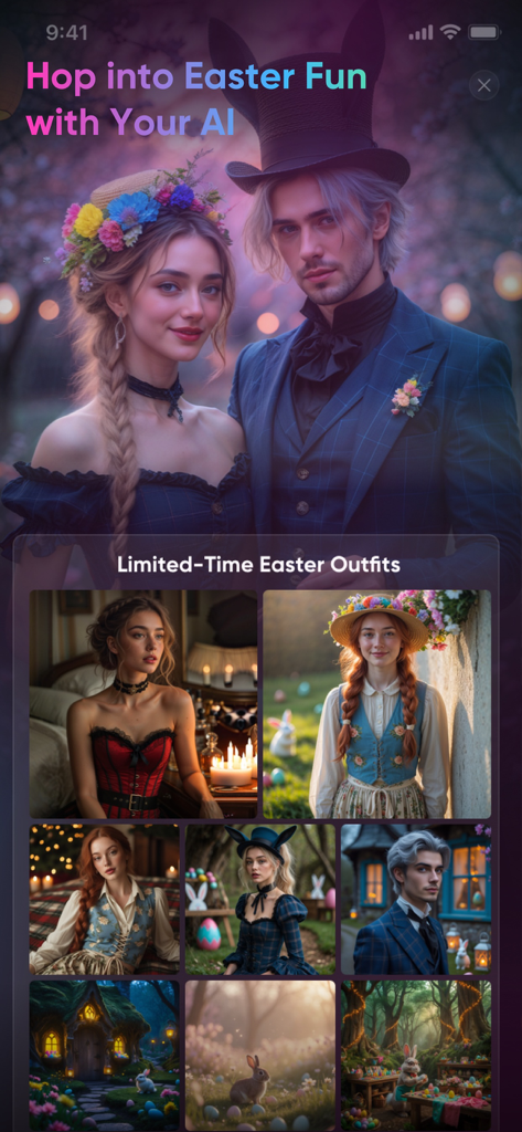 Paradot AI 앱 화면에 기간 한정 부활절 의상과 AI 동반자의 사용자 지정 아바타가 표시됩니다.