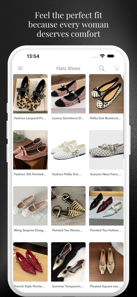 Women Shoes Shopping Fashion - Una interfaz de aplicación móvil que muestra una cuadrícula de varios zapatos planos de mujer de moda, incluyendo diseños de leopardo y lunares.