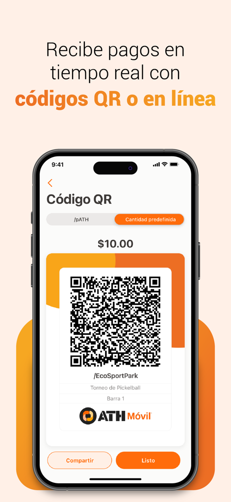 ATH Business app screen displaying a QR code to receive real-time mobile payments.