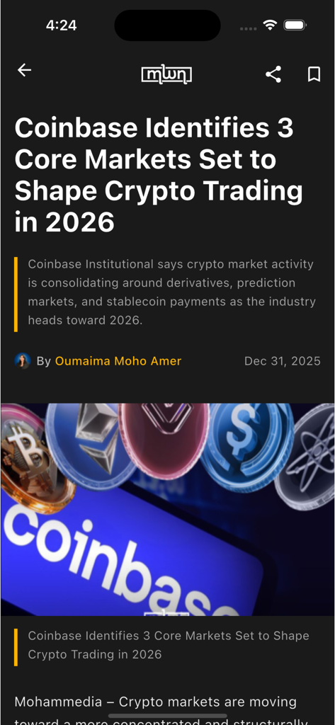 Morocco World News App, die einen Artikel über Kryptowährungsmärkte im Dunkelmodus anzeigt.