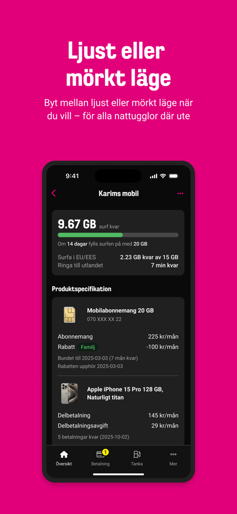 Comviq App-Oberfläche im Dunkelmodus, die Datennutzung und Details zum Mobilfunktarif anzeigt