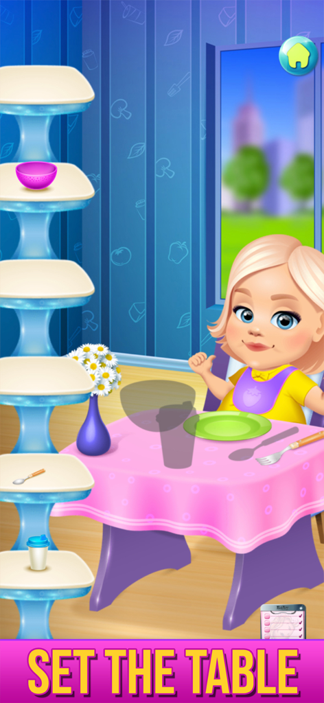 Baby Care & Dress Up Game - A cartoon baby girl sitting at a pink dining table ready to eat in the Baby Care and Dress Up Game