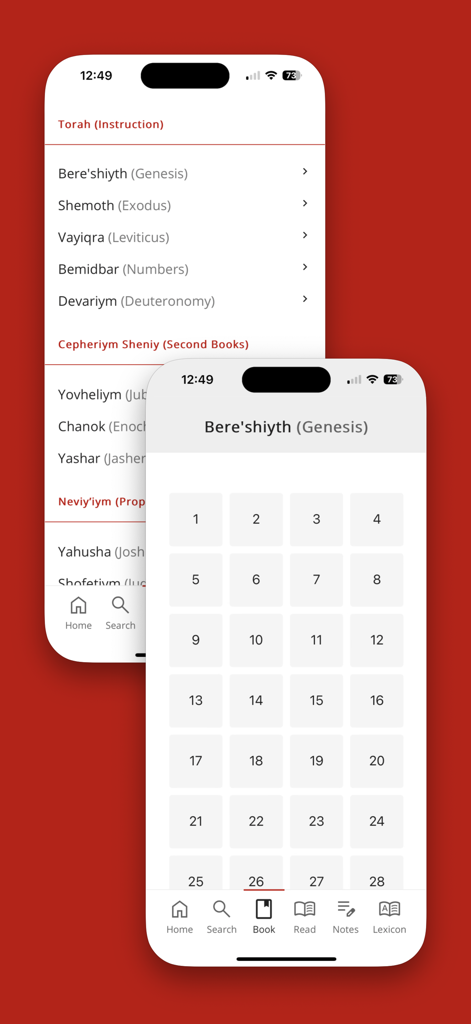 Cepher - Mobile screens from the Cepher app showing the Torah book list and chapter selection for Genesis.
