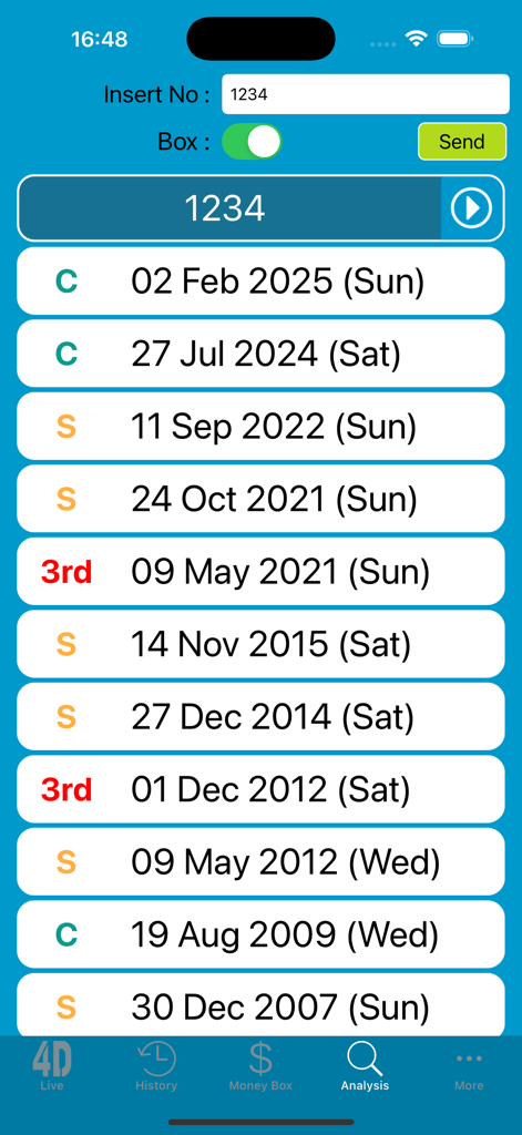 SG Live 4D - Interfaz de la aplicación SG Live 4D que muestra fechas de ganancias históricas y niveles de premios para una búsqueda de número de lotería específico.
