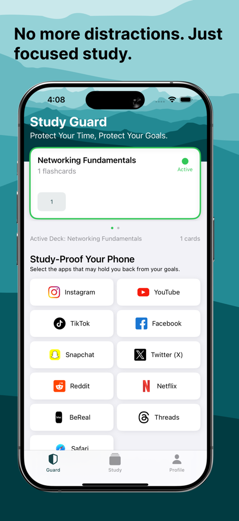 Study Guard app screen showing a list of social media apps to block for focused study sessions